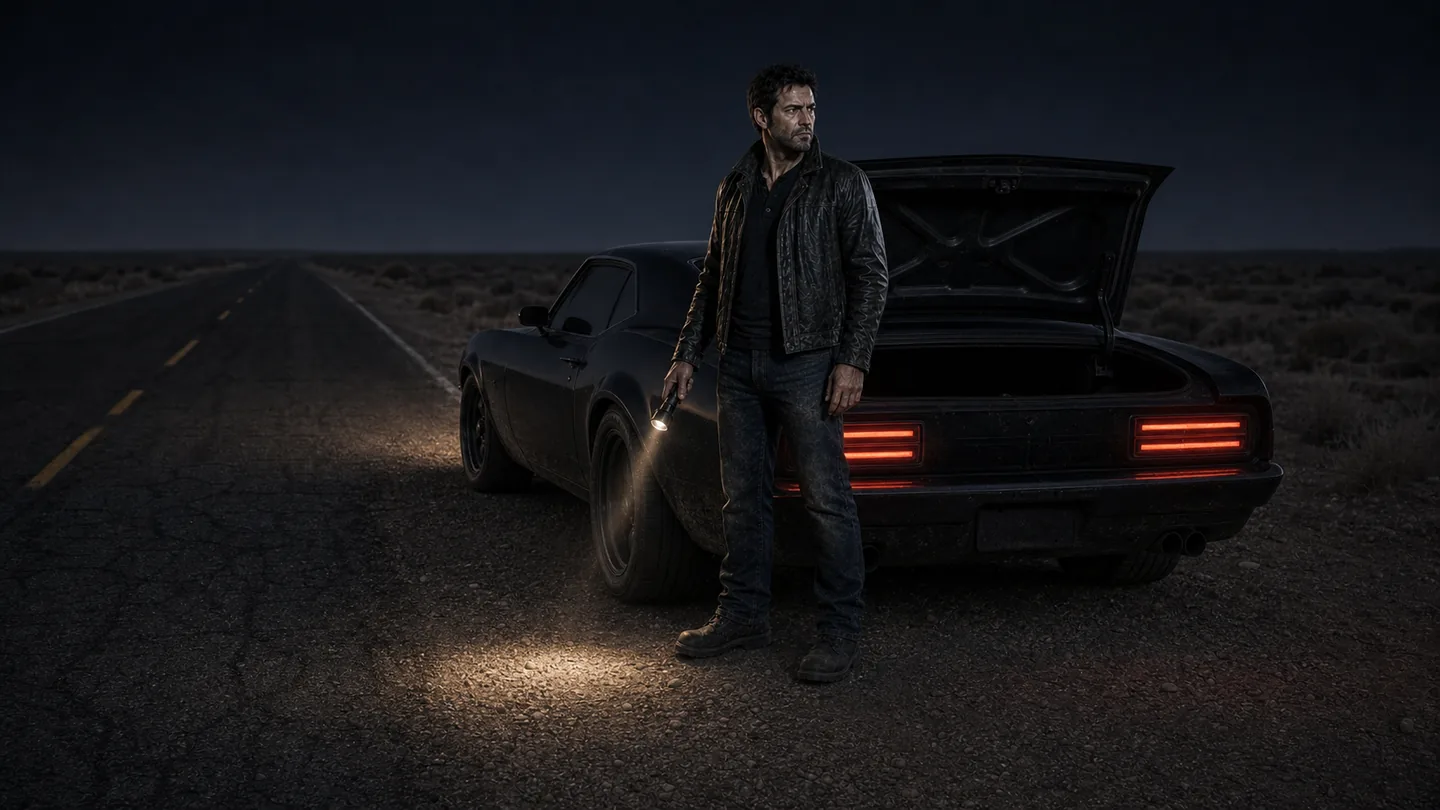 The Courier standing beside his black fastback with the trunk open