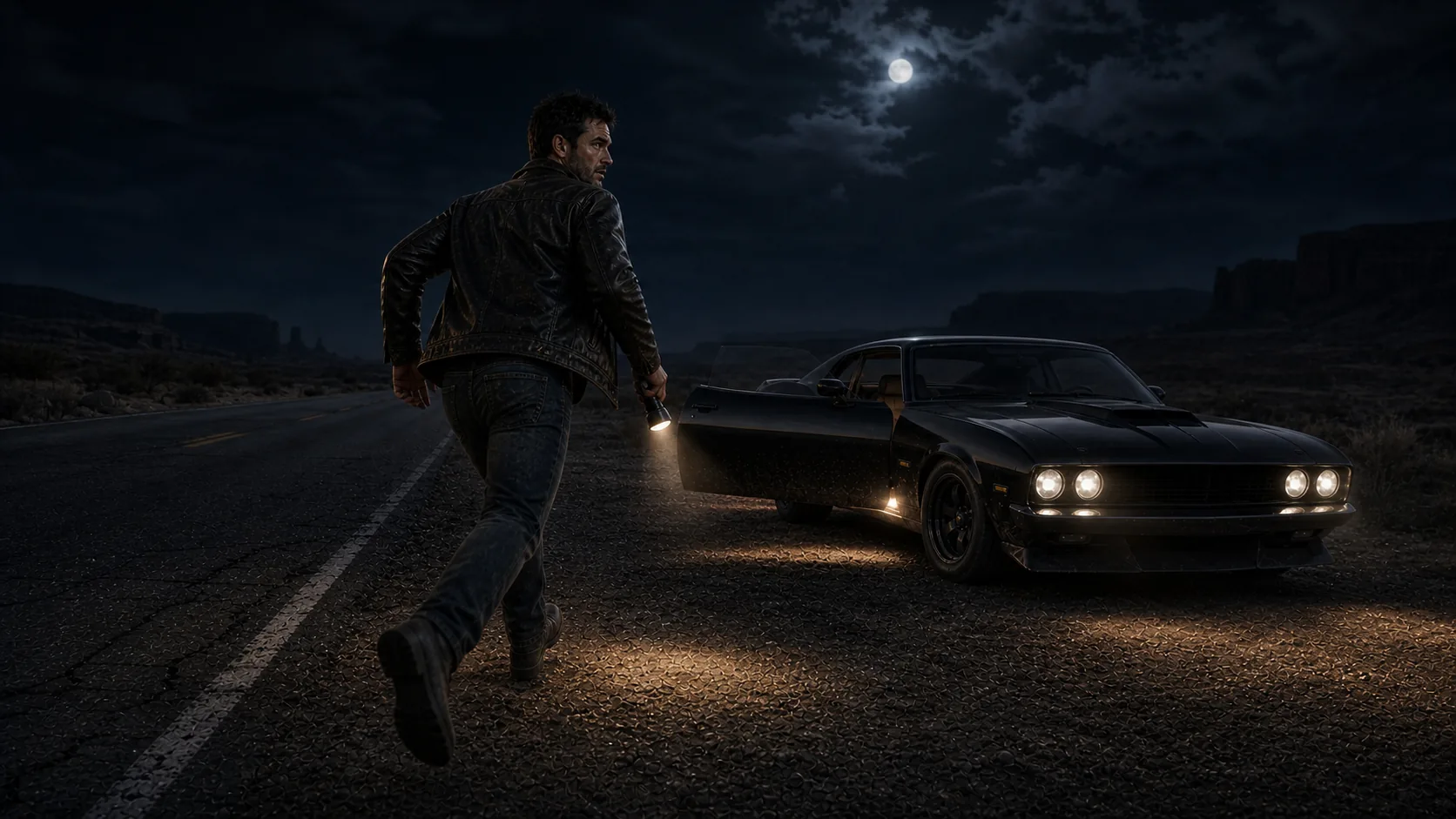 The Courier running toward the open car door on Route 17