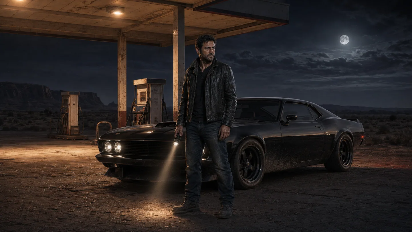 The Courier standing with the black fastback at Last Light