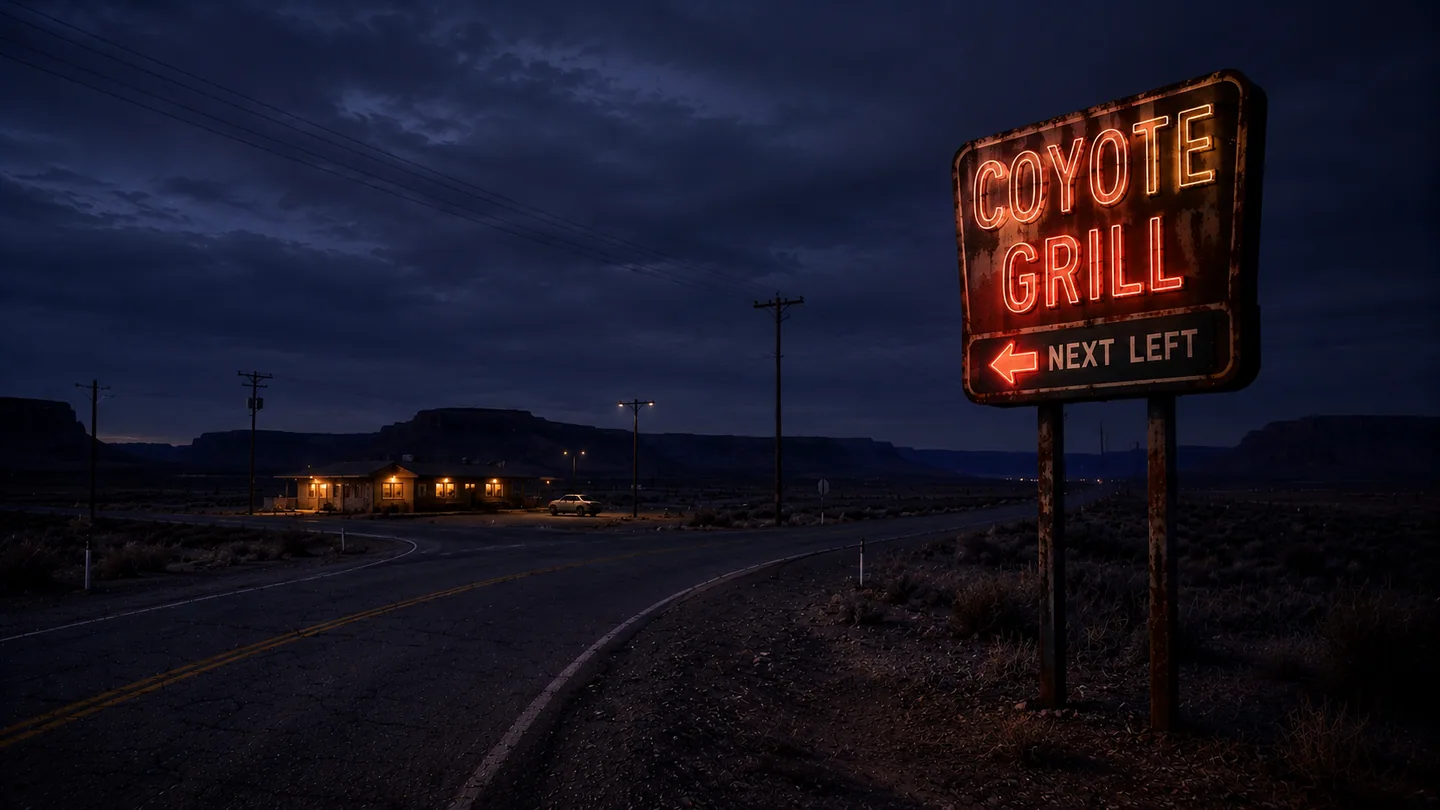 The Coyote Grill sign glowing beside the highway