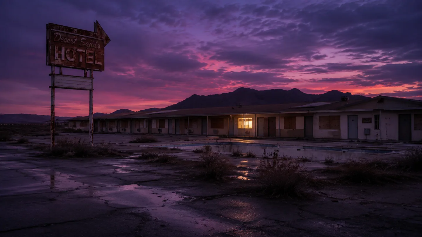 The Desert Sands Motel with one warm room above the empty pool