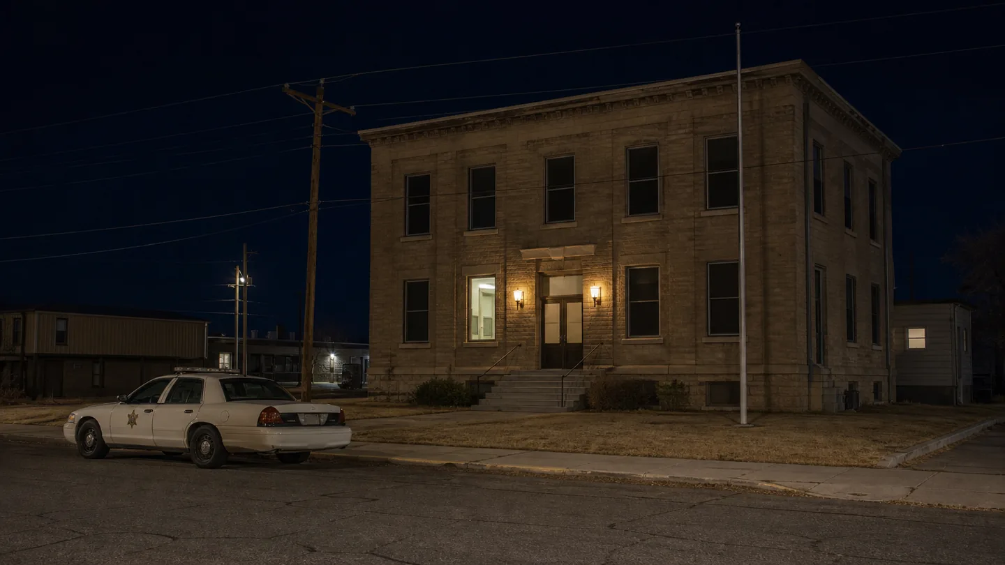 The Mercy County courthouse in Dry Wells after dark