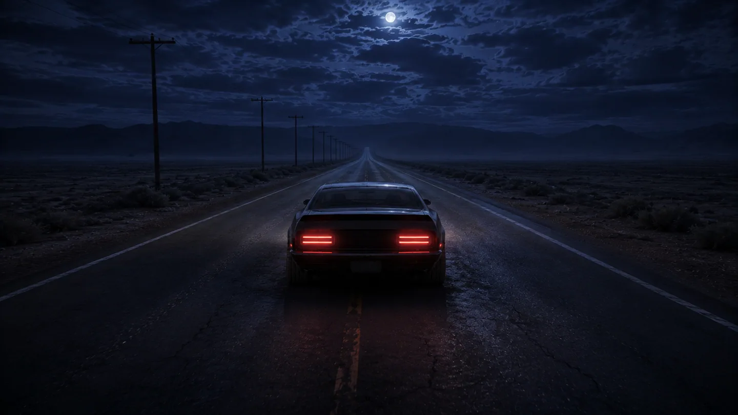 The black fastback driving alone on Route 17 beneath the moon