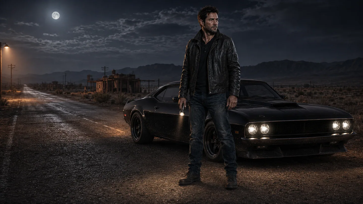 The Courier standing beside the black fastback on Route 17