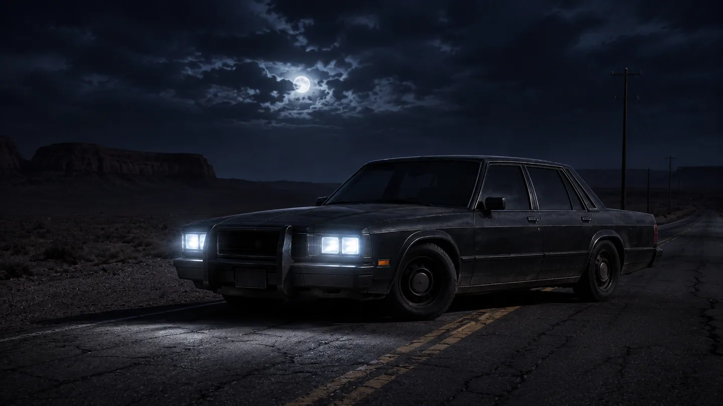 Two sets of headlights returning on a dark county road