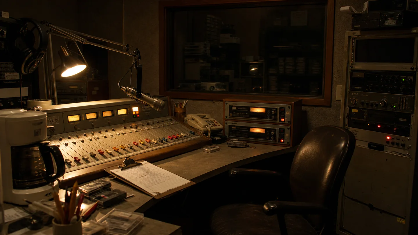 The small KRD-7 studio with an empty chair and broadcast console