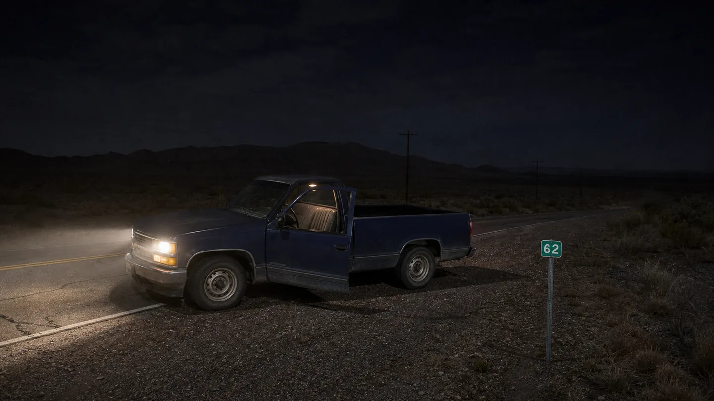 An empty pickup with its driver door open beside Mile Marker 62