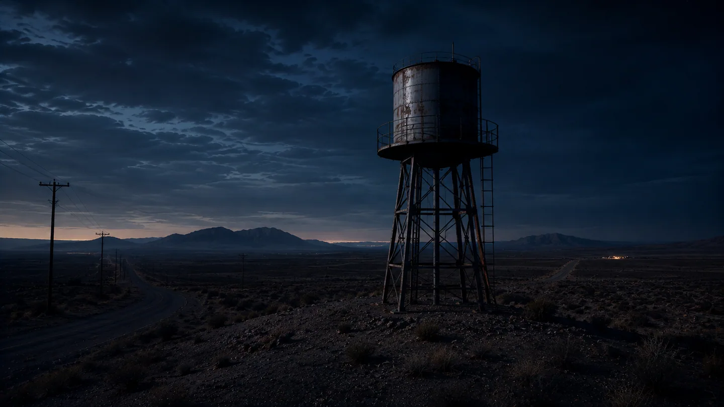 The Old Water Tower above two roads at night