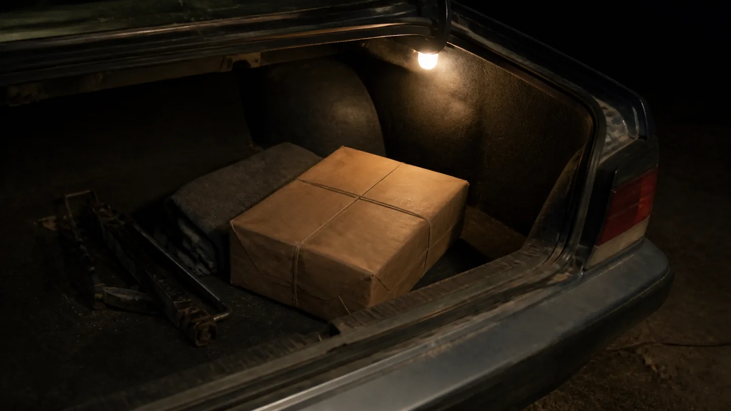 A sealed parcel in the open trunk of the courier car