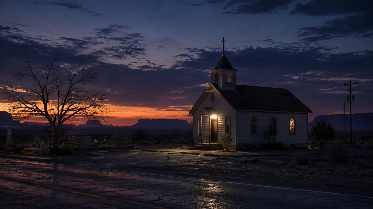 A small roadside chapel with a warm porch light after sunset