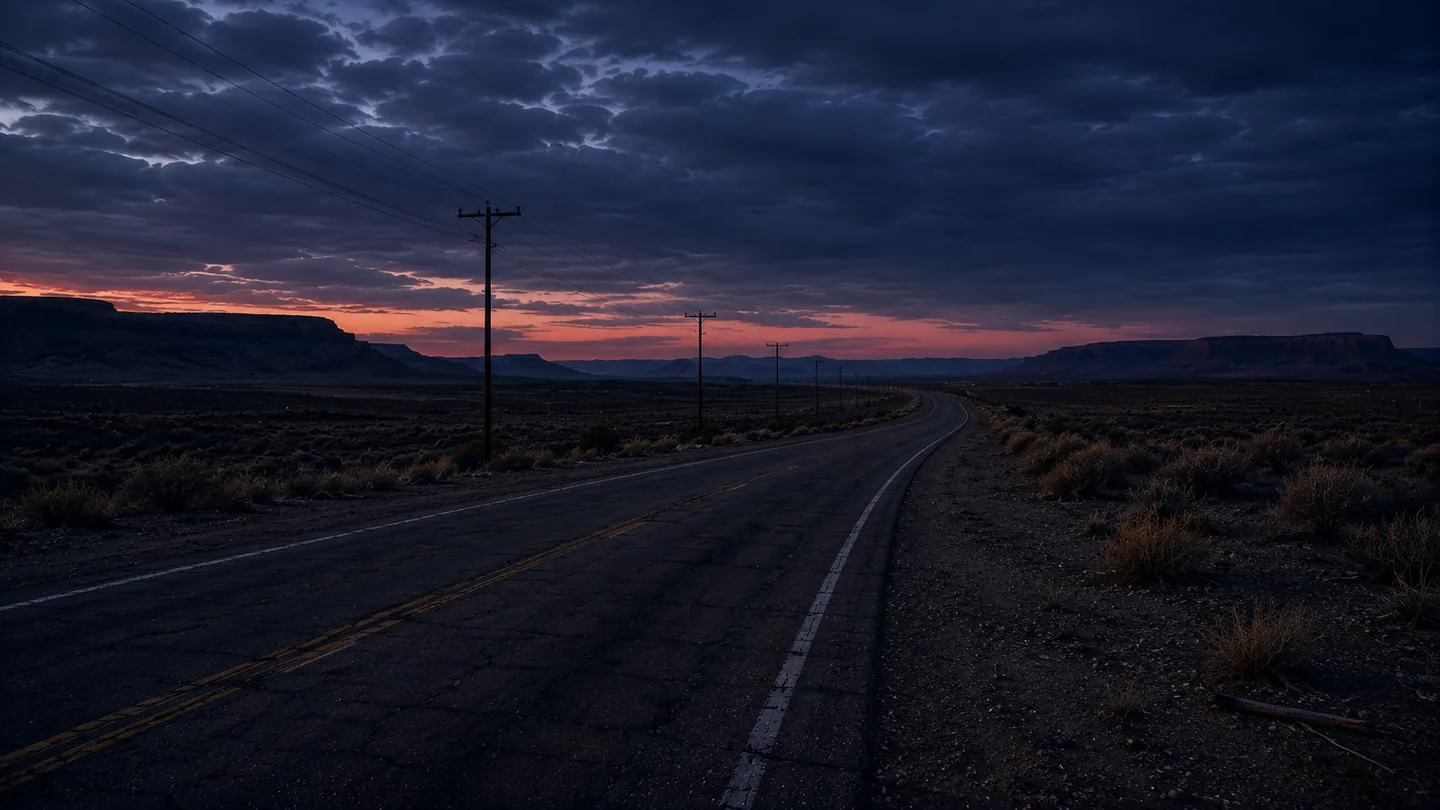 A cracked two-lane road crossing Mercy County at night