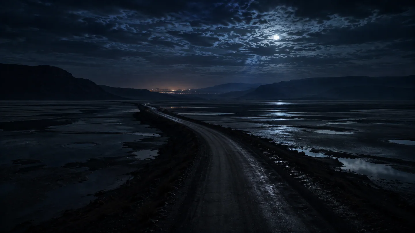 The distant city across the reflective salt flats