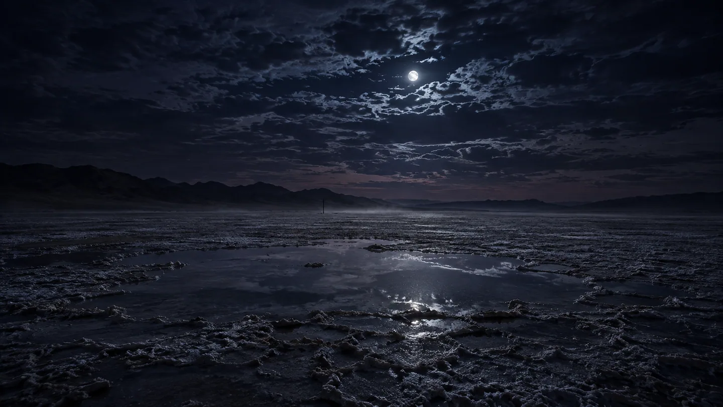 Moonlight reflected in shallow water across the salt flats