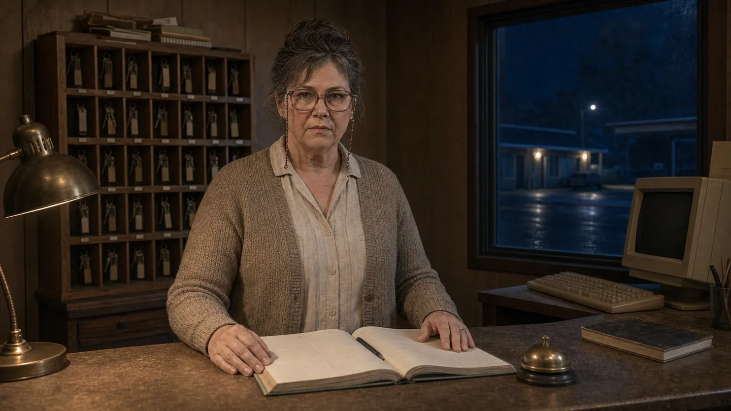 Sharon Halstead standing behind the roadside motel desk