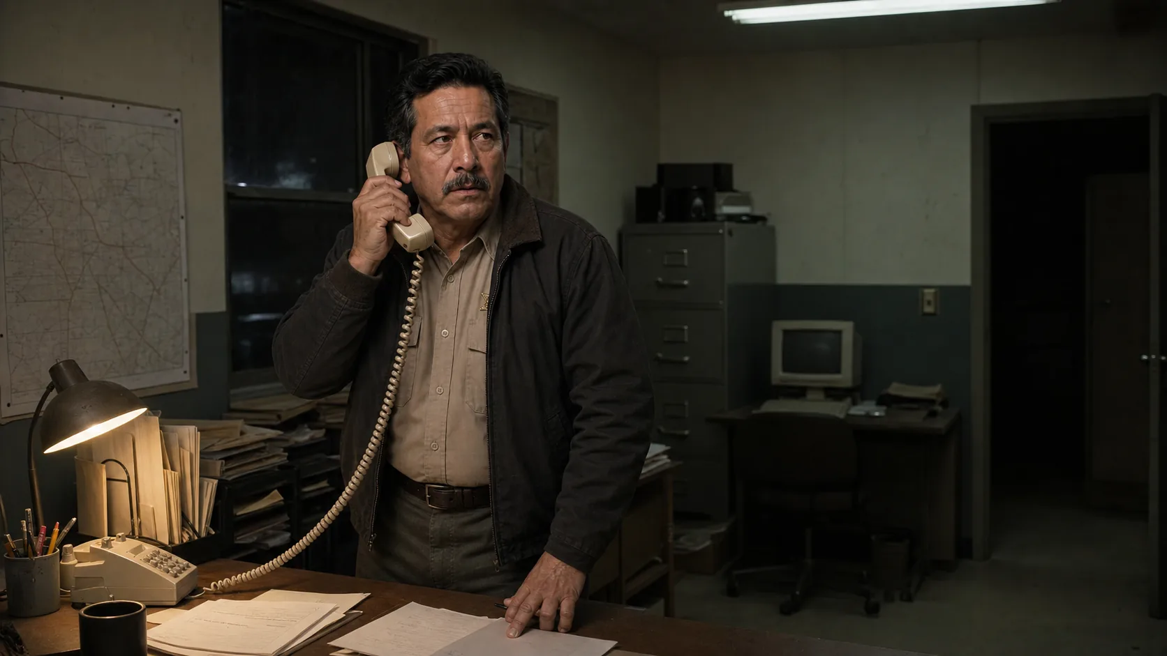 The Mercy County sheriff listening to a telephone in his office after midnight