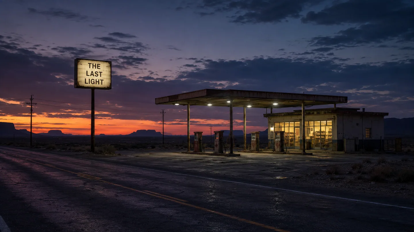 The Last Light service station beside the highway at dusk